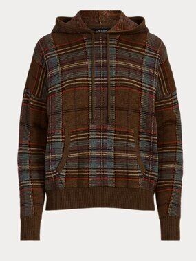 LAUREN RALPH LAUREN 100% Merino Wool Plaid Hoodie Sweater Small Preppy Old Money